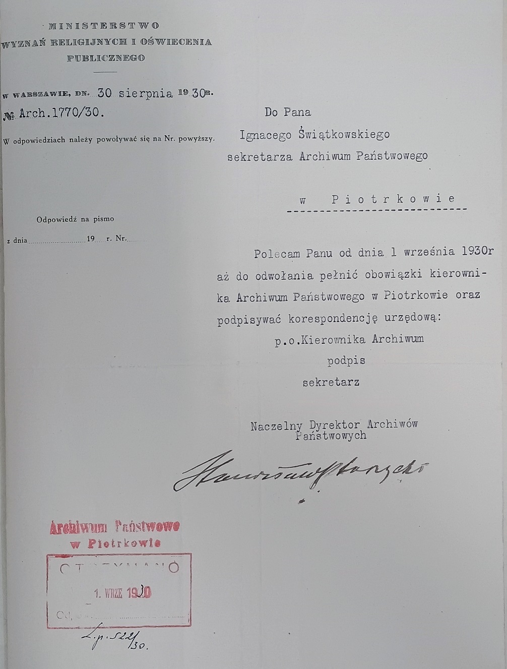 Nominacja Ignacego Świątkowskiego na kierownika Archiwum Państwowego w Piotrkowie, 1930 r.